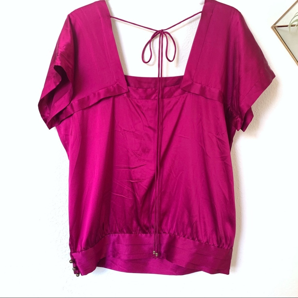 DVF Silk Blouse Fuchsia Pleated Square Neck Short Sleeve Top Size 0 - Picture 3 of 8